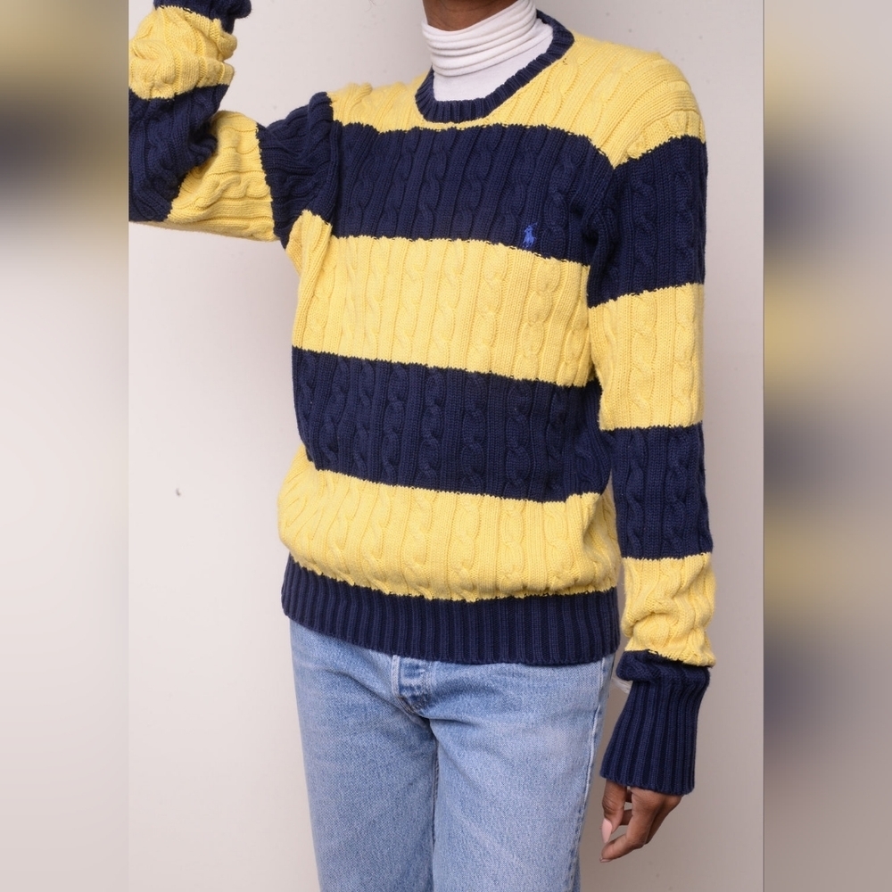POLO RALPH LAUREN cable knit yellow and navy sweater Size XL womens